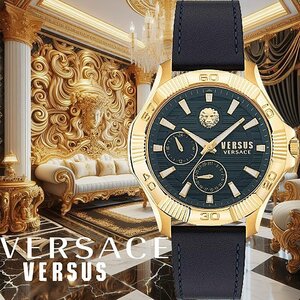 最後1本 ヴェルサーチVERSACE 新品1円 ヴェルサス ブルー＆ゴールド VERSUSヴェルサーチェ 本物 50m防水 腕時計 イタリアンブランド 激レア