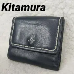 Kitamura　キタムラ　二つ折り財布　レザー　レディース　刺繍ロゴ　ネイビー