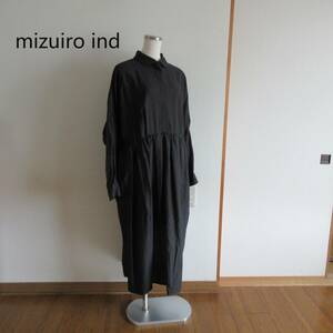 mizuiroind★ミズイロインド　ブラック　ラウンドカラーフロントフライギャザーワンピース　