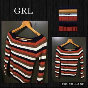 ◆GRL グレイル 長袖カットソー ニット ボートネック ボーダー柄 丈短め レディースM （S～M）超美品