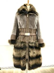 中古 Shearling デザイン ムートン ラクーン 毛皮 ロングコート farolfa イタリア製 ライトブラウン Sサイズ レディース 541900