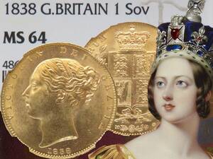 1838年 MS64 ヴィクトリア 女王 ソブリン 金貨 イギリス 英国 NGC 鑑定 未使用 UNC 初年号 紋章盾図 シールド ヤング 外国 ヨーロッパ