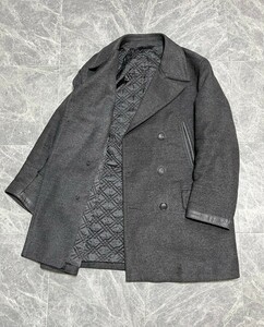 BRIONI ブリオーニ　ウール　シルク　カシミヤ　レザーディテール　キルティング　ピーコート　チャコールグレー　サイズS