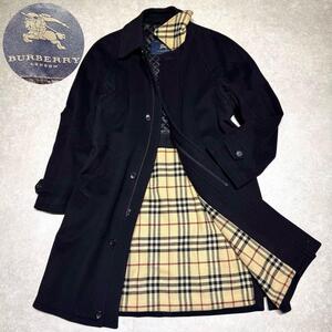 美品●希少●バーバリーロンドン BURBERRY LONDON ステンカラーコート ノバチェック 襟ノバチェック カシミヤ混 ウール ブラック 黒 L相当