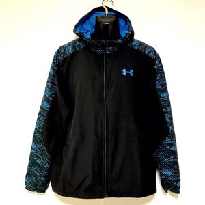 UNDER ARMOUR/アンダーアーマー☆ストーム☆ウインドブレーカー☆パーカー☆総柄/裏地メッシュ/ジャケット/ジャージ/黒×青/大きめ/XL