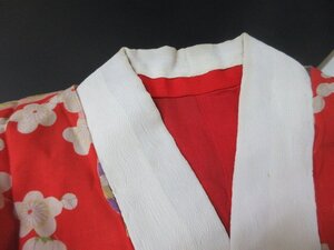 1円 中古 正絹 長襦袢 縮緬 式典 和装 和服 紅絹 アンティーク レトロ 地紙 毬 梅 高級 袷 身丈124cm 裄63cm【夢職】★★★