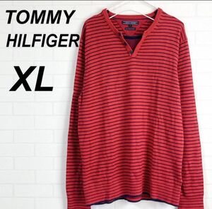 TOMMY HILFIGER トミー ヒルフィガー メンズ 長袖カットソー XL カシミヤ入り ニット風カットソー デザインネック ボーダーレッド系(H58)★