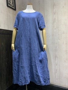 USA製 90s SUNBELT DULL BLUE リネン ポケット 付き チュニック ワンピース ドレス ナチュラル シンプル アメリカ古着 大人ビンテージ