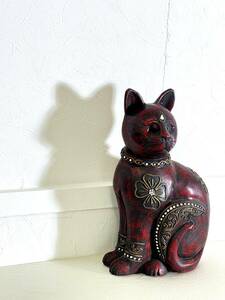 【★緊急★倉庫一掃セール！】M2765 木彫り　猫　置物　エスニック　アジアン雑貨　Carved Wood Cat Statue Figure　タイ風