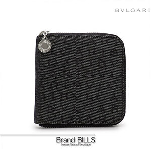 未使用品 BVLGARI ブルガリ ロゴマニア ジップウォレット ミニ財布 コンパクトウォレット ブラック シルバ金具 キャンバス レザー