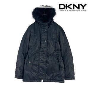 11T320☆ DKNY ダナキャランニューヨーク ブラック フォックスファー 中綿 ミドルコートハーフコート ジャケット アウター レディース M