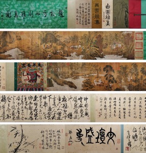 古美術 長巻 中国・元時代 「趙孟フ書」 絹本 【西園雅集図】 手巻 軸装 書道 巻き物 真筆逸品 肉筆保証 唐物 古画 LT-24667