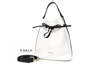 24557 新品同様 極美品 FURLA フルラ リボンモチーフ バイカラー 本革 レザー 2WAY 巾着 ハンドバッグ ショルダーバッグ 白×黒 レディース