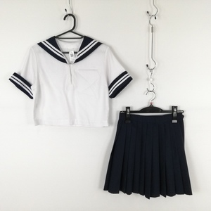 1円 セーラー服 ミニスカート 上下2点セット 夏物 白2本線 女子 学生服 中学 高校 白 制服 中古 ランクC EY5200