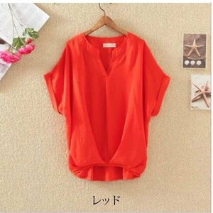 ブラウス 半袖 レディース シャツ トップス オフィス 事務服 ゆったり きれいめ 夏 春 Vネック レッド 2XL