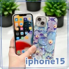 iPhone 15 スマホケース　青　花柄　油絵　春　アイフォン　韓国