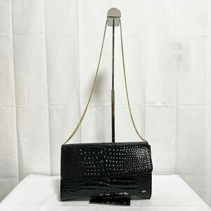 和254★ HANAE MORI ハナエモリ チェーンバッグ ショルダーバッグ エナメル クロコ型押し レディース ブラック