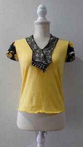ANNA SUI USA製 デザインTシャツ 花柄×イエロー S 半袖