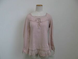 (55735)PINK HOUSE　ピンクハウス　レディース　コットン100%　カットソー　Tシャツ　長袖　フリル　リボン　ピンク　M　USED