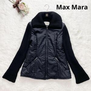 美品 Max Mara マックスマーラ 切替 ニット 中綿ダウン ダウンジャケット 黒 ブラック 38 M トレンド 美シルエット ウール レディース