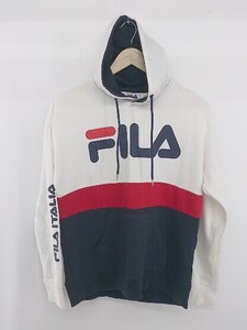 ◇ FILA フィラ ロゴプリント 配色 長袖 プルオーバー パーカー サイズM ホワイト ネイビー レッド系 レディース E