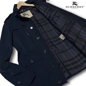 極美品/L相当●BURBERRY LONDON 近年タグ バーバリー ロンドン 英国調 スタンドカラーコート ジャケット ノバチェック フード内蔵 ネイビー