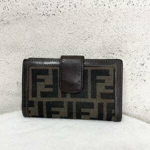 【贅沢品の極み】FENDI フェンディ　折り財布 カードケース　コインケース　ズッカ柄　キャンバス　レザー　本革　ブラウン　がま口 