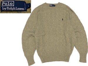 正規品 90S POLO Ralph Lauren ポロラルフローレン ケーブルニット クルーネック L グレージュ ホースロゴ ポニー 刺繍 ニット