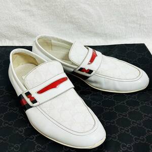 1円 美品■ GUCCI グッチ ローカットスニーカー スリッポン GG柄 メンズ 25.5cm シェリーライン ホワイト 白 40 1/2