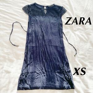 紺色　ネイビー　ミニ　ワンピース　ZARA BASIC サイズ　XS 後ろ　ボタン　紐　付き　濃い　ブルー　半袖 半袖ワンピース