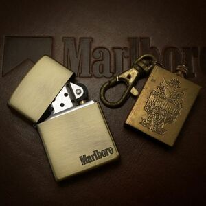 【 特別出品 】1円スタート 未使用 2003年 Marlboro Zippo マールボロジッポー AntiqueBrass 真鍮古美 キーホルダー付 