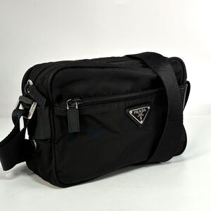 1円/極美品●PRADA プラダ テスートナイロン レザー SV金具 三角ロゴプレート カメラバッグ ショルダーバッグ クロスボディ ブラック 黒