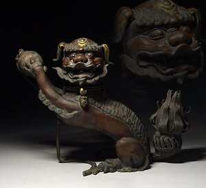 緑屋i■ 古美術品　銅製 鍍金　獅子香炉 置物　幅約35.5cm　時代物 唐物 中国古玩　i9/0129-8/5-3#100