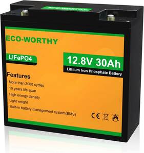 ★開封済み未使用★ ECO-WORTHY リチウムイオンバッテリー lifepo4 12V 30AH 384Wh バッテリー リン酸鉄 リチウム電池 (PSE認証済み)