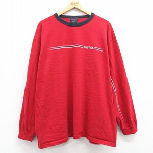 XL/古着 ノーティカ 長袖 ブランド Tシャツ メンズ ワンポイントロゴ 大きいサイズ コットン クルーネック 赤他 レッド 24ja