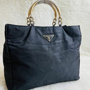 1円 正規品本物 PRADA プラダ テスートナイロン メタルハンドル ハンドバッグ 三角プレート レディース ブラック系 大容量収納