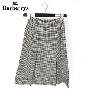 A6102/美品 春夏 BURBERRY バーバリー ウール シルク 千鳥格子 プリーツ フレア ミモレ丈 膝丈 スカート 7号程 S程 白 黒/レディース