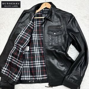 【美品!!!希少LLサイズ!!!】BURBERRY BLACK LABEL バーバリーブラックレーベル ラムレザージャケット ライダース ノバチェック 黒 