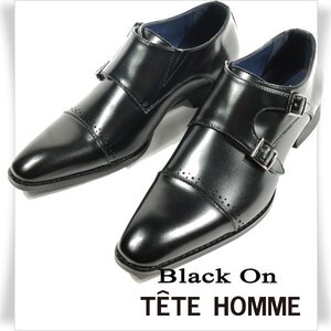 新品1円～★定価1.4万 Black On TETE HOMME テットオム アクションレザー ビジネスシューズ 27.0cm ブラック ダブルモンク 黒 ◆8817◆