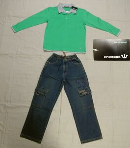 ■新品:140 重ね着風ポロシャツ緑&ダメージ加工ジーンズ 　　　DmP87