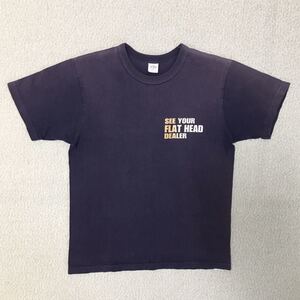 送料込 THE FLAT HEAD フロッキープリント Tシャツ Sサイズ 青系 USED フラットヘッド 半袖 アメカジ 古着 ビンテージ ヴィンテージ