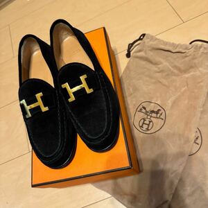 エルメス HERMES ローファー モカシン コンスタンス Hロゴ スウェード レディース 靴 シューズ イタリア製 35 1/2(22.5相当) ブラック 黒