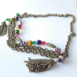 Vintage 1980s Rainbow Beaded Chain Belt Multicolor