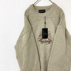 デザインニット セーター 刺繍ロゴ 太アーム クルーネック ウール L