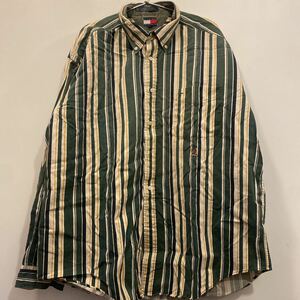 XL/古着 トミーヒルフィガー TOMMY HILFIGER ☆送料込☆長袖 シャツ メンズ 90s ストライプ コットン ボタンダウン グリーン ビッグ