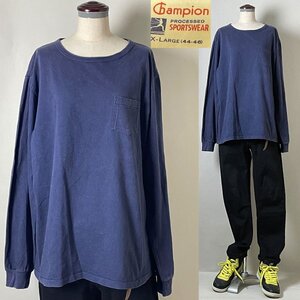 ★【国内正規品 近年 ビンテージ Y2K】Champion チャンピオン 復刻 ランタグ ヘインズブランズ 無地 ポケット 長袖 Tシャツ XL ネイビー