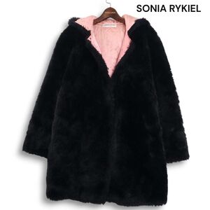 希少 80s~90s★ SONIA RYKIEL ビンテージ ソニアリキエル フランス製♪ 厚手 フェイク ファー コート Sz.M レディース 黒　K4T01719_A#N