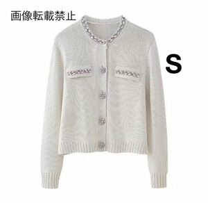 vintage ヴィンテージ レトロ ビジュー ニット カーディガン トップス Sサイズ レディース★ZARA 好きな方に★2024 A/W 秋新作 新品★