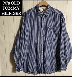 90sフラッグタグOLD TOMMY HILFIGERストライプ柄長袖シャツLオールドヴィンテージオールドトミーJEANSジーンズ