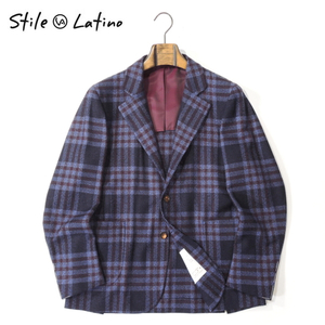 【50%OFF・新品・48】STILE LATINO（スティレ ラティーノ）ROMOLO カシミヤチェック シングル3Bアンコンジャケット ネイビー×ワイン